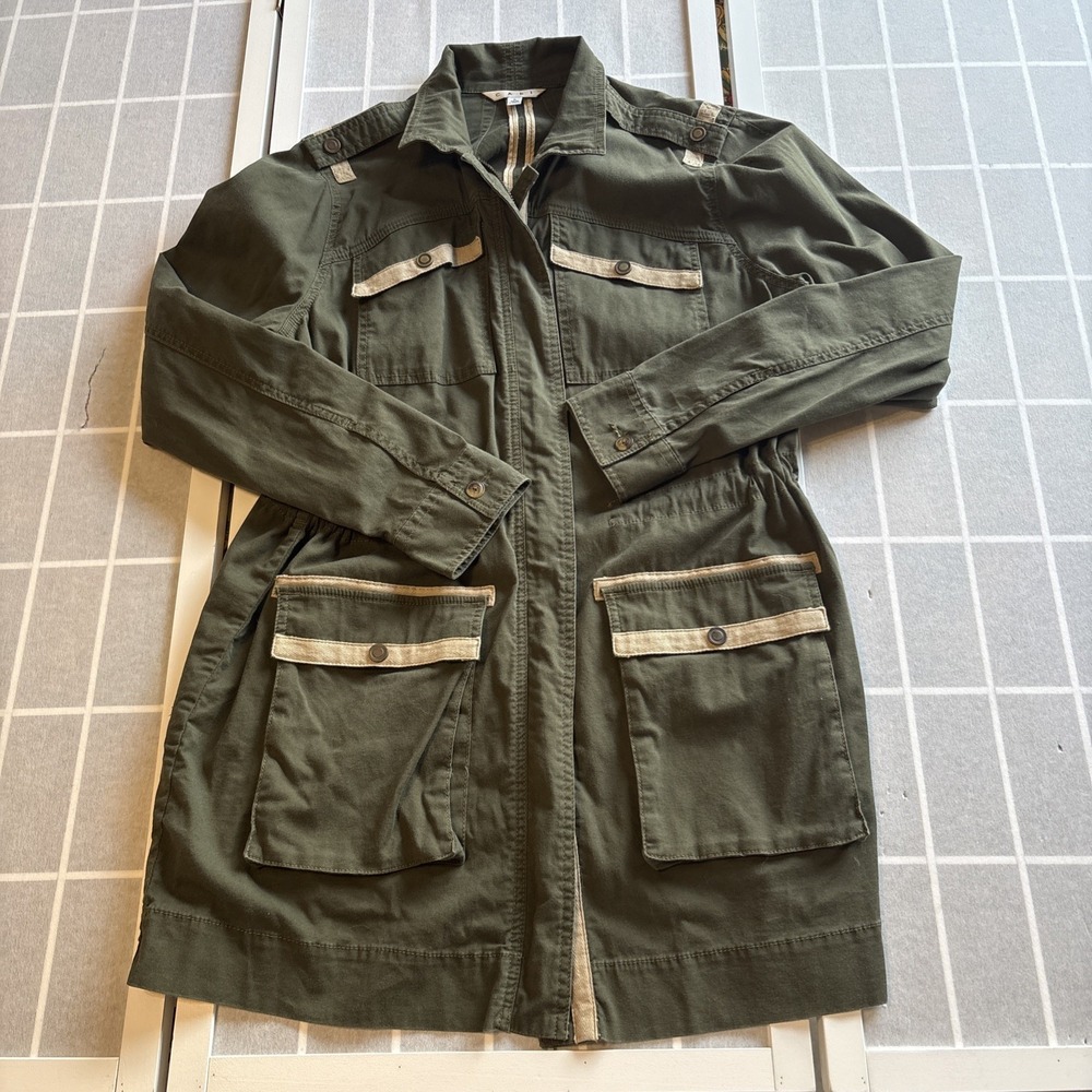 CAbi Army Military Green Gorpcore Chore Coat Women Sz M Full Zip Cinch Waist Tie